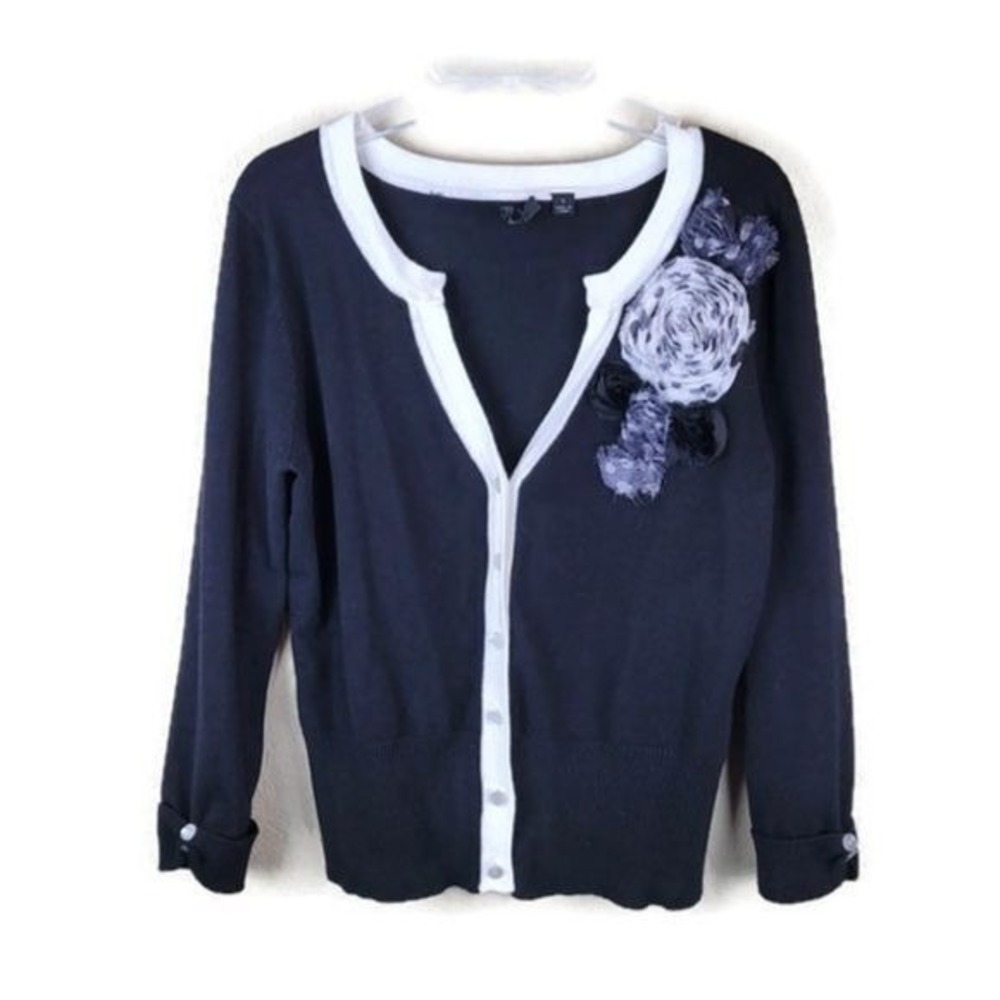 FAENZA Navy Black White Trim Floral Applique Cardigan Sweater Women's‎ Size S